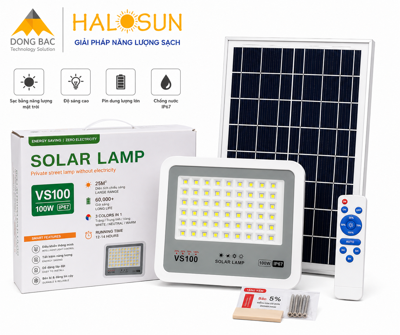 ĐÈN NĂNG LƯỢNG MẶT TRỜI 100W 2024 VS100 3 MÀU