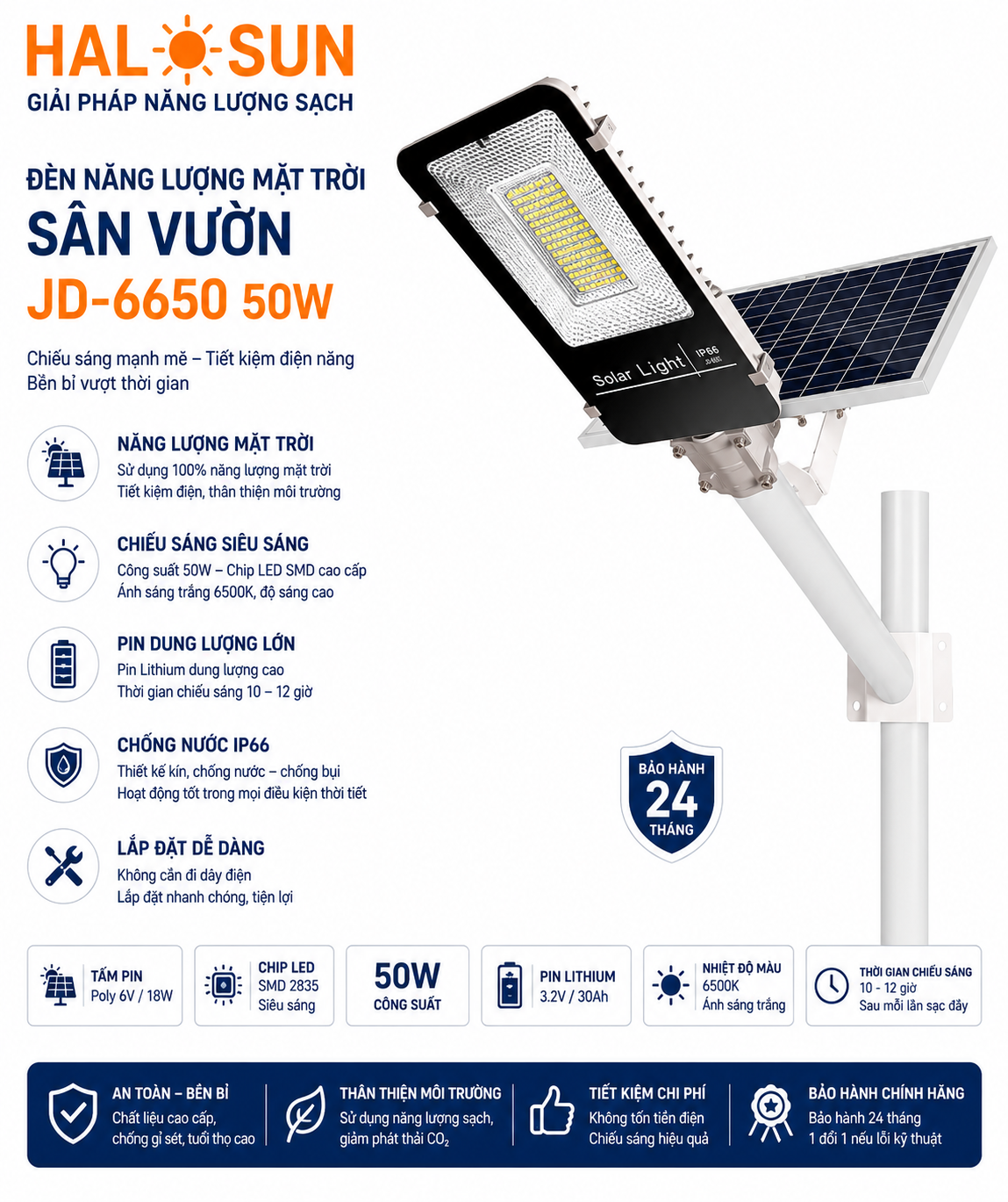 ĐÈN NĂNG LƯỢNG MẶT TRỜI SÂN VƯỜN JD-6650 50W