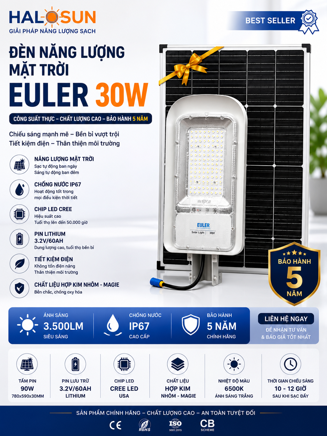 ĐÈN NĂNG LƯỢNG MẶT TRỜI EULER 30W - CÔNG SUẤT THỰC CHẤT LƯỢNG CAO, BH 5 NĂM