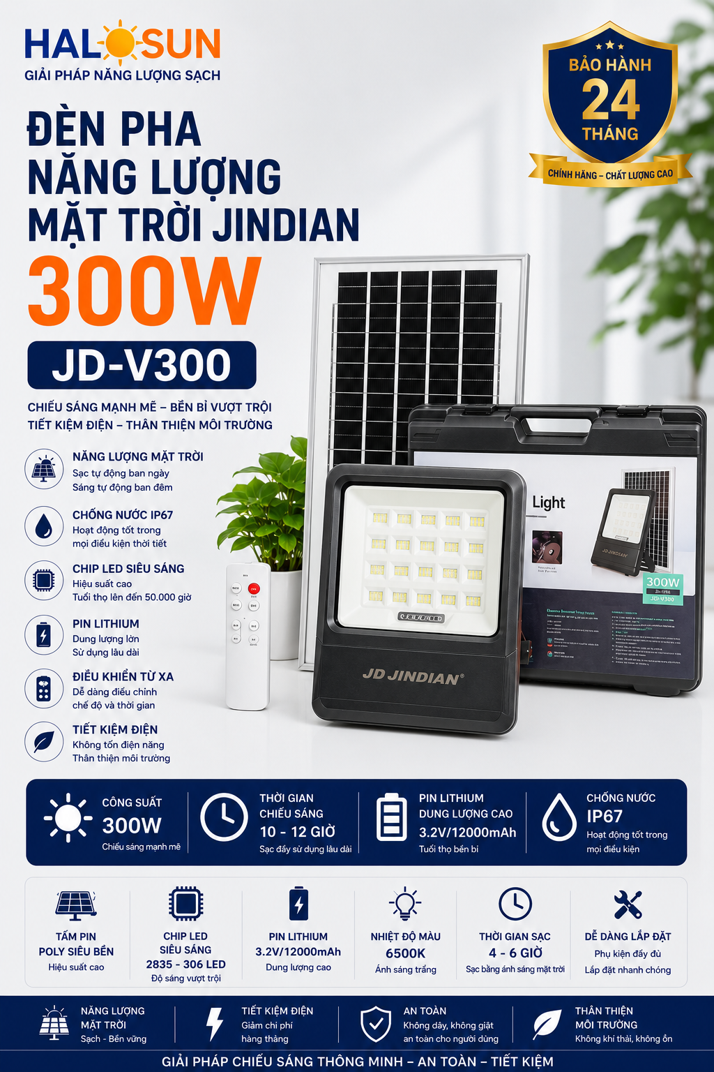 ĐÈN PHA NĂNG LƯỢNG MẶT TRỜI JINDIAN 300W JD-V300