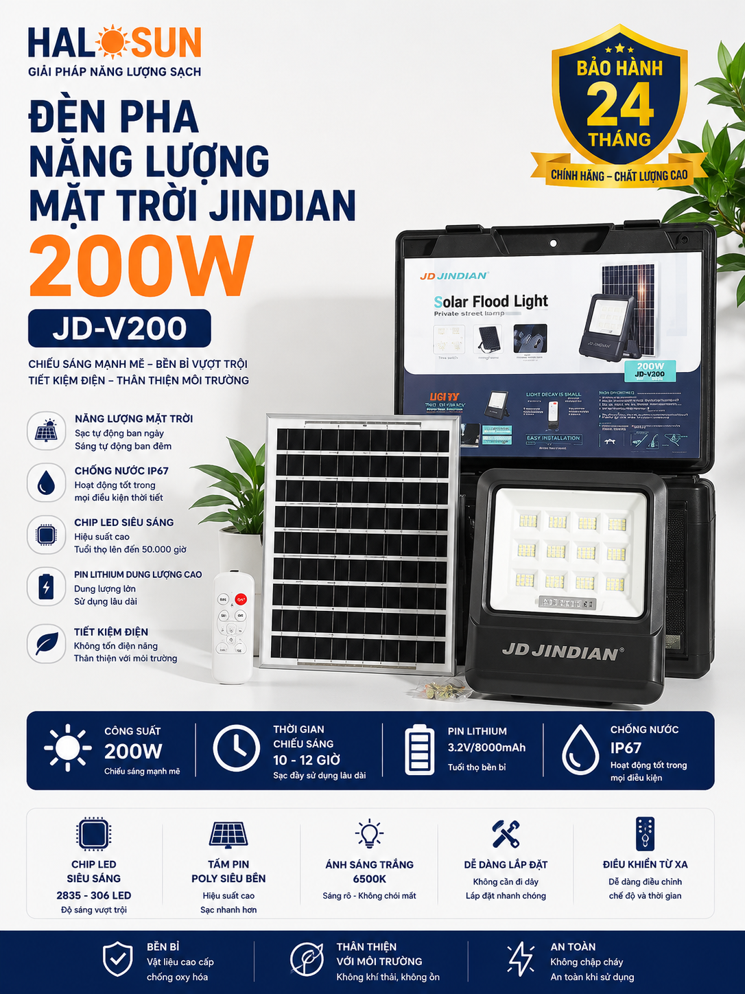 ĐÈN PHA NĂNG LƯỢNG MẶT TRỜI JINDIAN 200W JD-V200