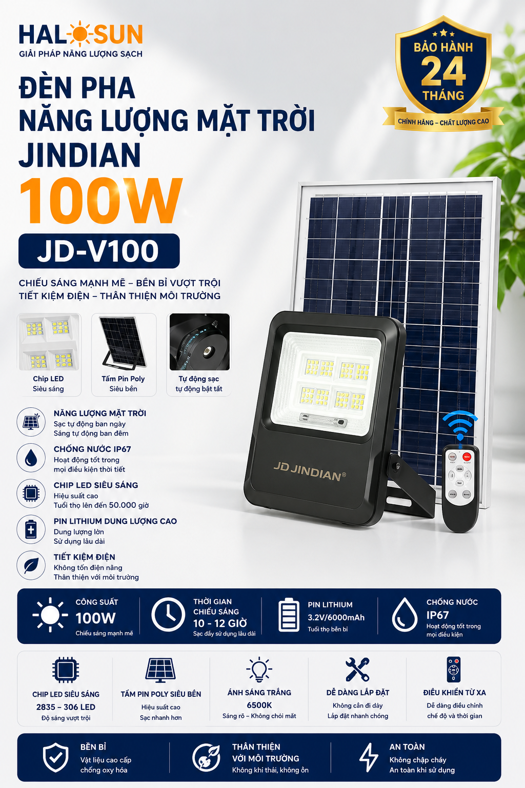 ĐÈN PHA NĂNG LƯỢNG MẶT TRỜI JINDIAN 100W JD-V100