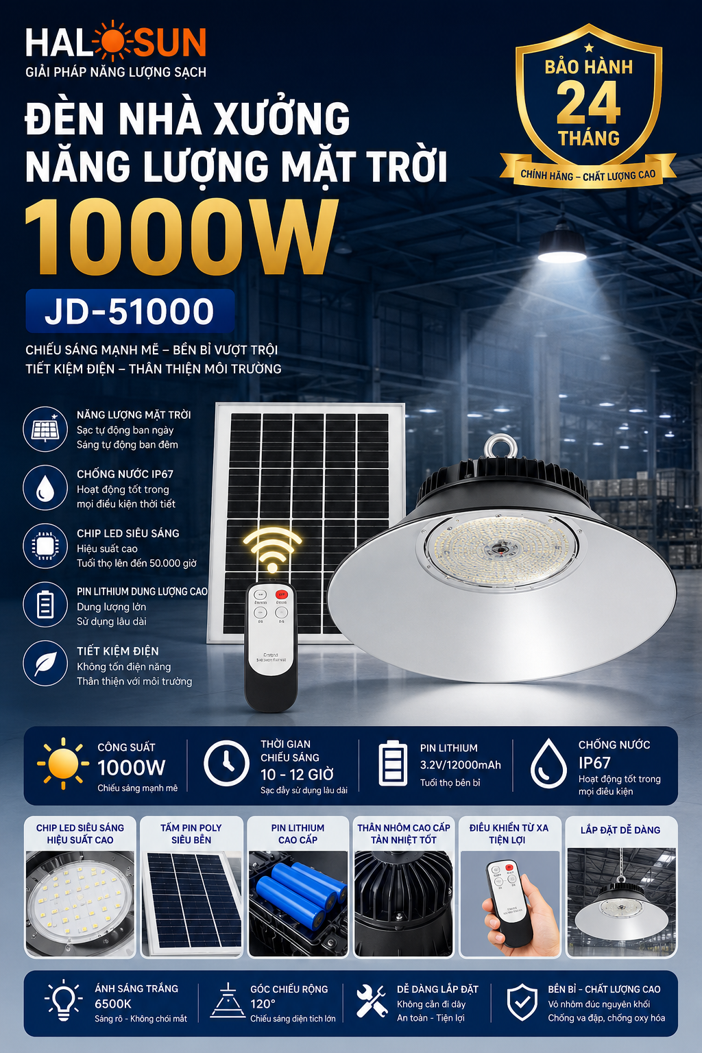ĐÈN NHÀ XƯỞNG NĂNG LƯỢNG MẶT TRỜI 1000W JD-51000