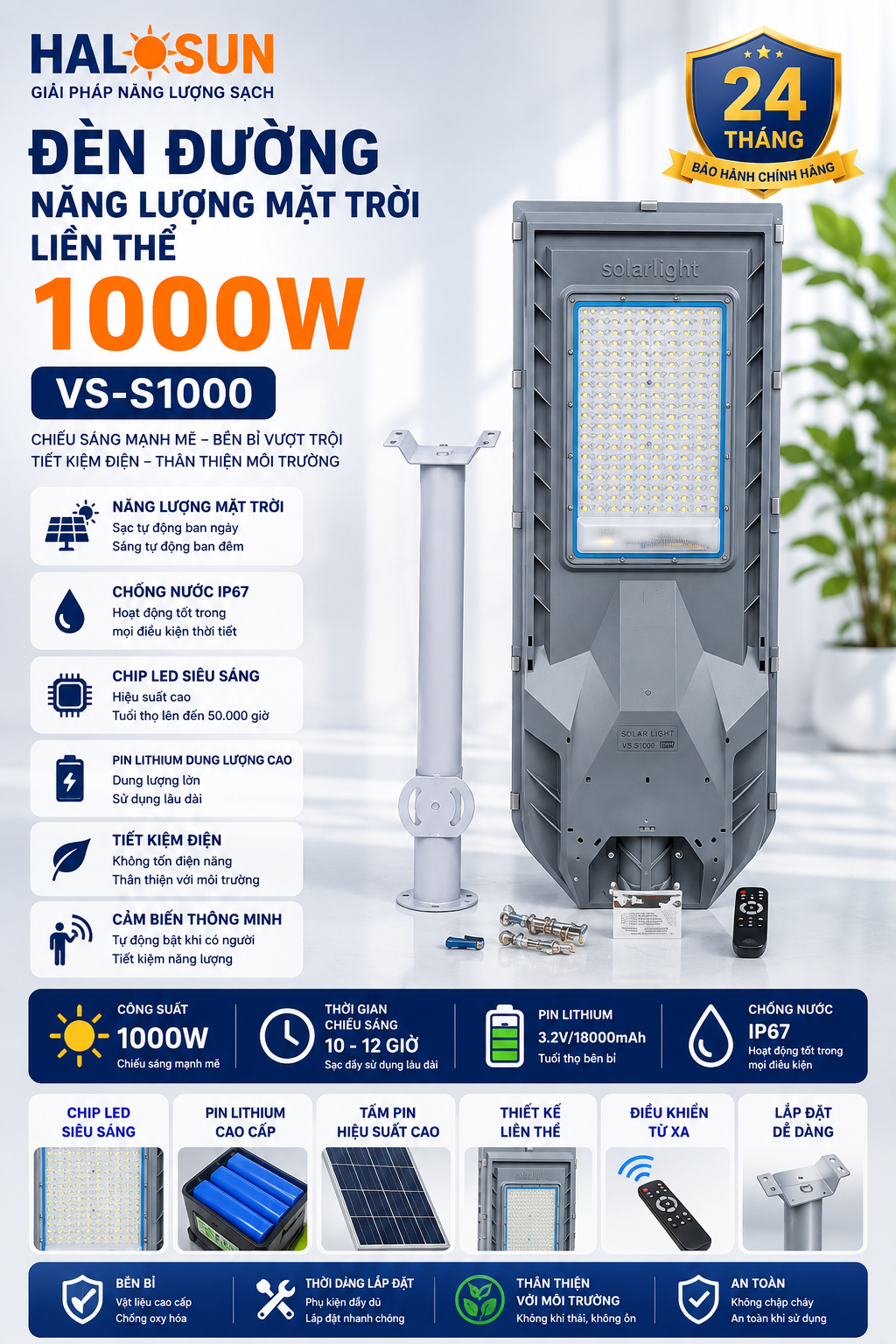 ĐÈN ĐƯỜNG NĂNG LƯỢNG MẶT TRỜI LIỀN THỂ 1000W VS-S1000