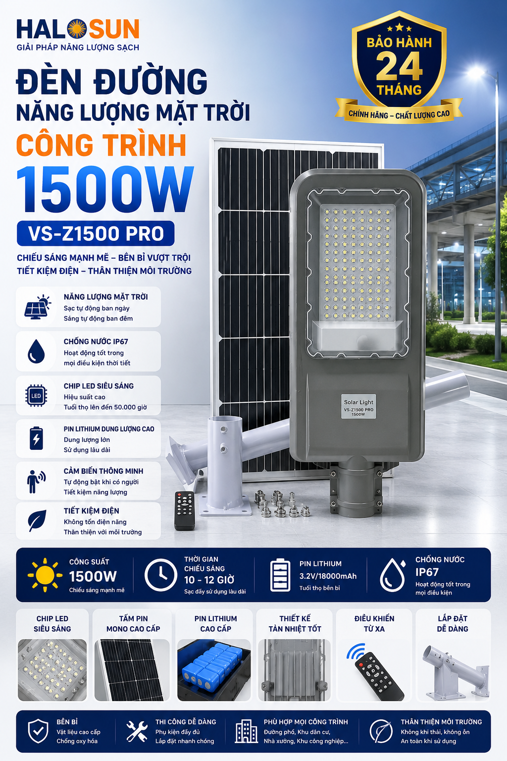 ĐÈN ĐƯỜNG NĂNG LƯỢNG MẶT TRỜI CÔNG TRÌNH 1500W VS-Z1500 PRO