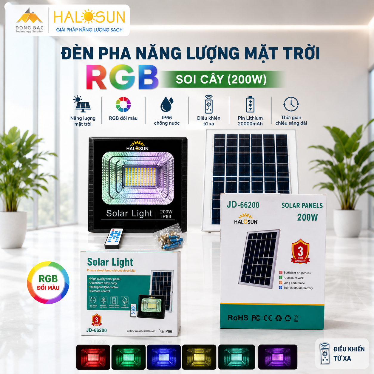 ĐÈN PHA NĂNG LƯỢNG MẶT TRỜI RGB SOI CÂY (200W)