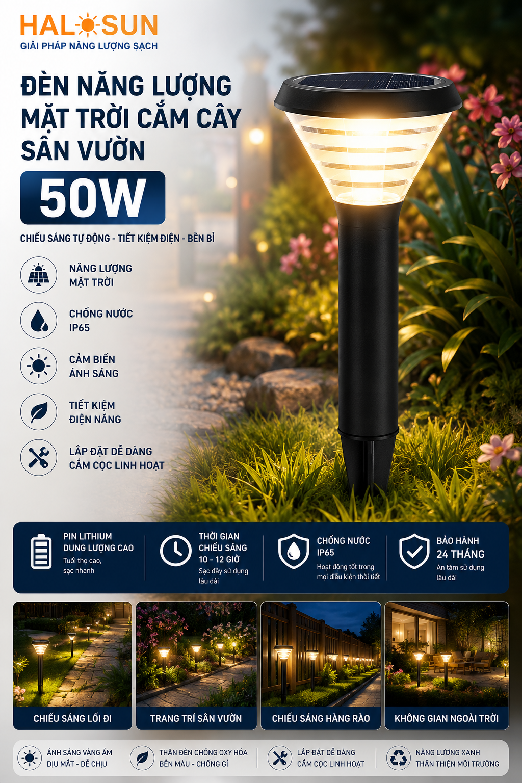 ĐÈN NĂNG LƯỢNG MẶT TRỜI CẮM CÂY SÂN VƯỜN 50W