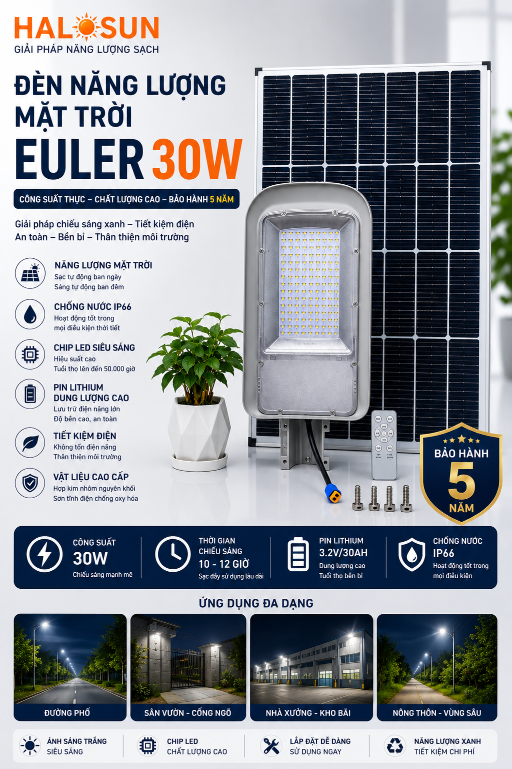 ĐÈN NĂNG LƯỢNG MẶT TRỜI EULER 30W - CÔNG SUẤT THỰC CHẤT LƯỢNG CAO, BH 5 NĂM (Mã thứ hai)