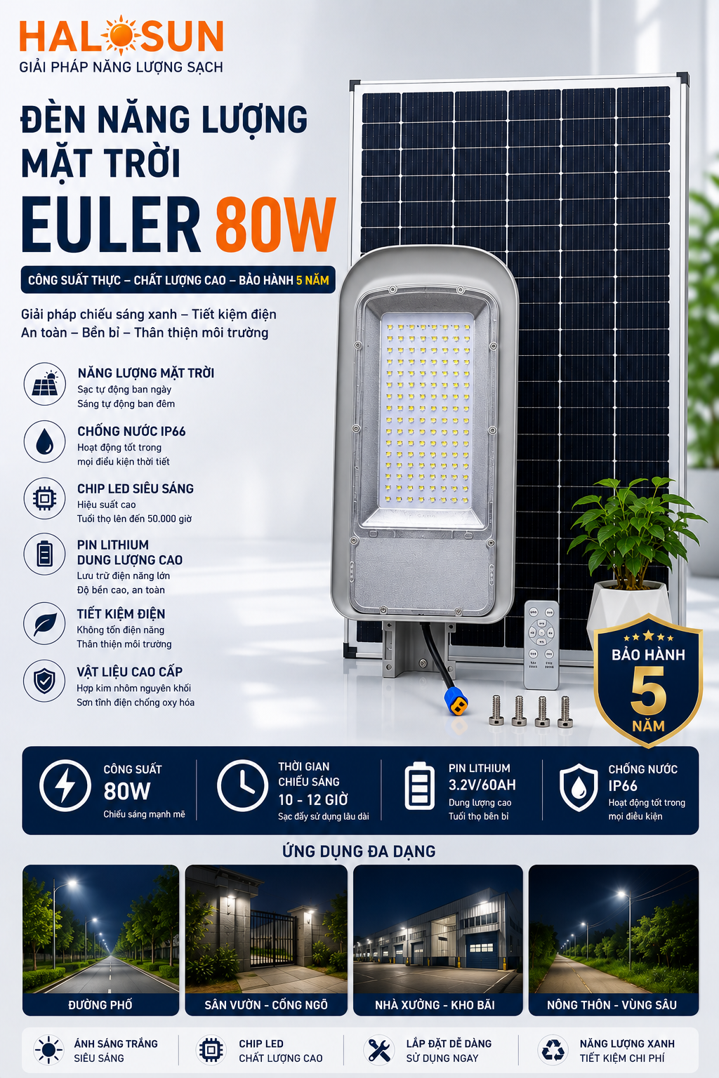 ĐÈN NĂNG LƯỢNG MẶT TRỜI EULER 80W - CÔNG SUẤT THỰC CHẤT LƯỢNG CAO, BH 5 NĂM