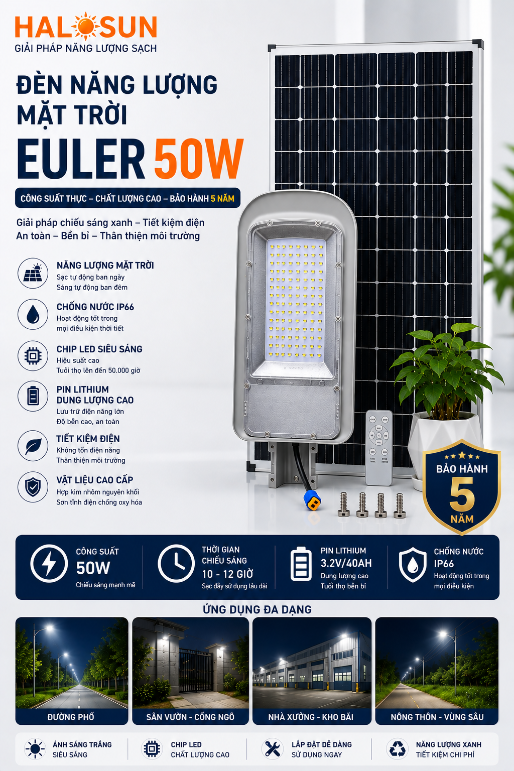 ĐÈN NĂNG LƯỢNG MẶT TRỜI EULER 50W - CÔNG SUẤT THỰC CHẤT LƯỢNG CAO, BH 5 NĂM