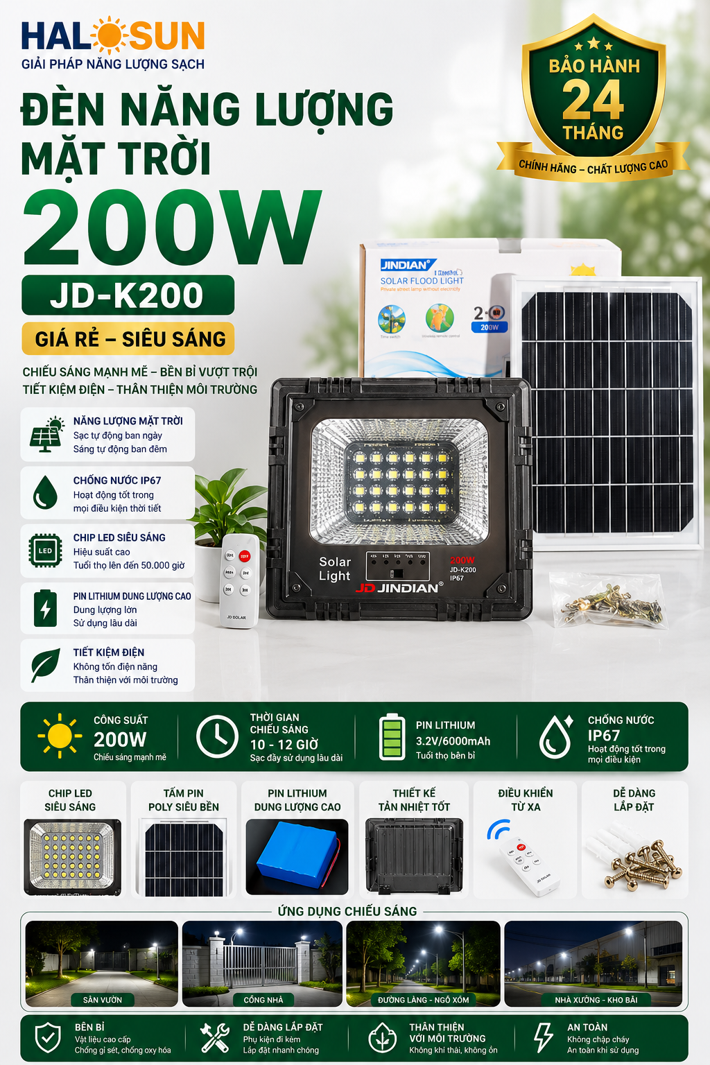 ĐÈN NĂNG LƯỢNG MẶT TRỜI 200W JD-K200