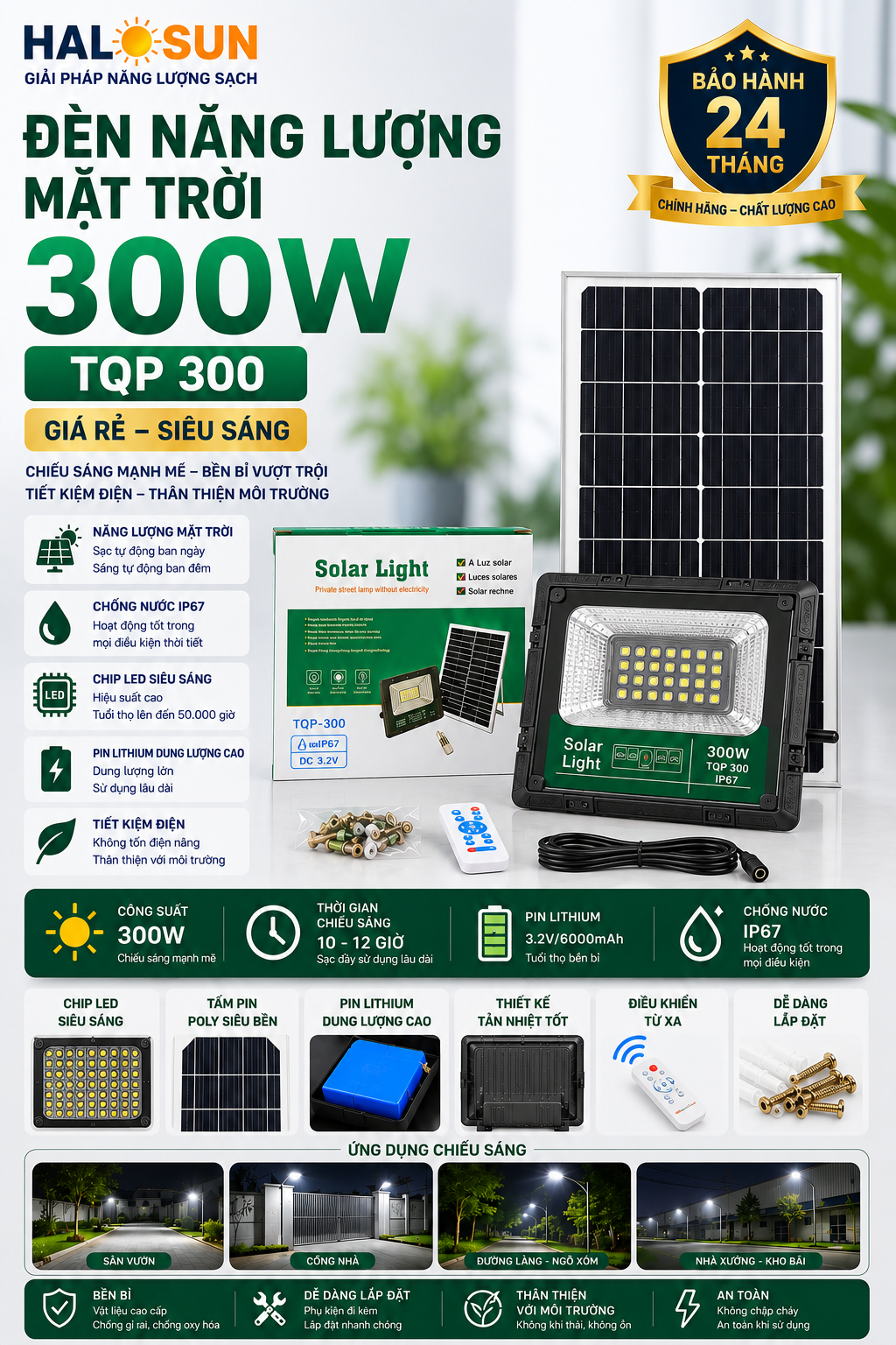 ĐÈN NĂNG LƯỢNG MẶT TRỜI 300W GIÁ RẺ TQP 300