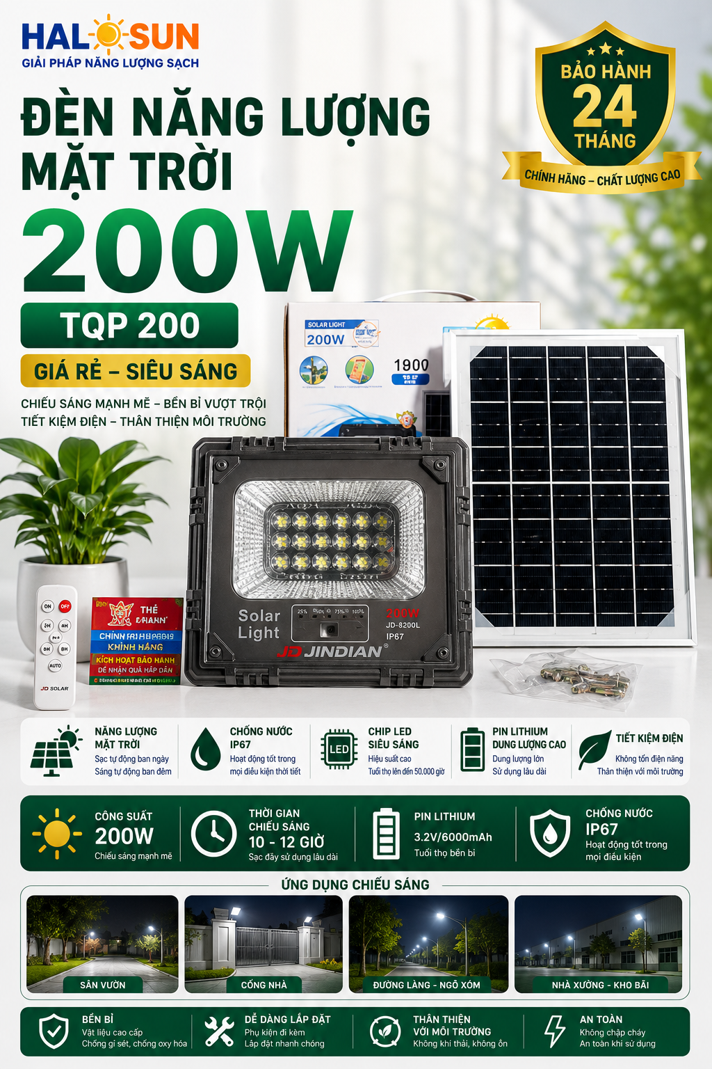 ĐÈN NĂNG LƯỢNG MẶT TRỜI 200W GIÁ RẺ TQP 200