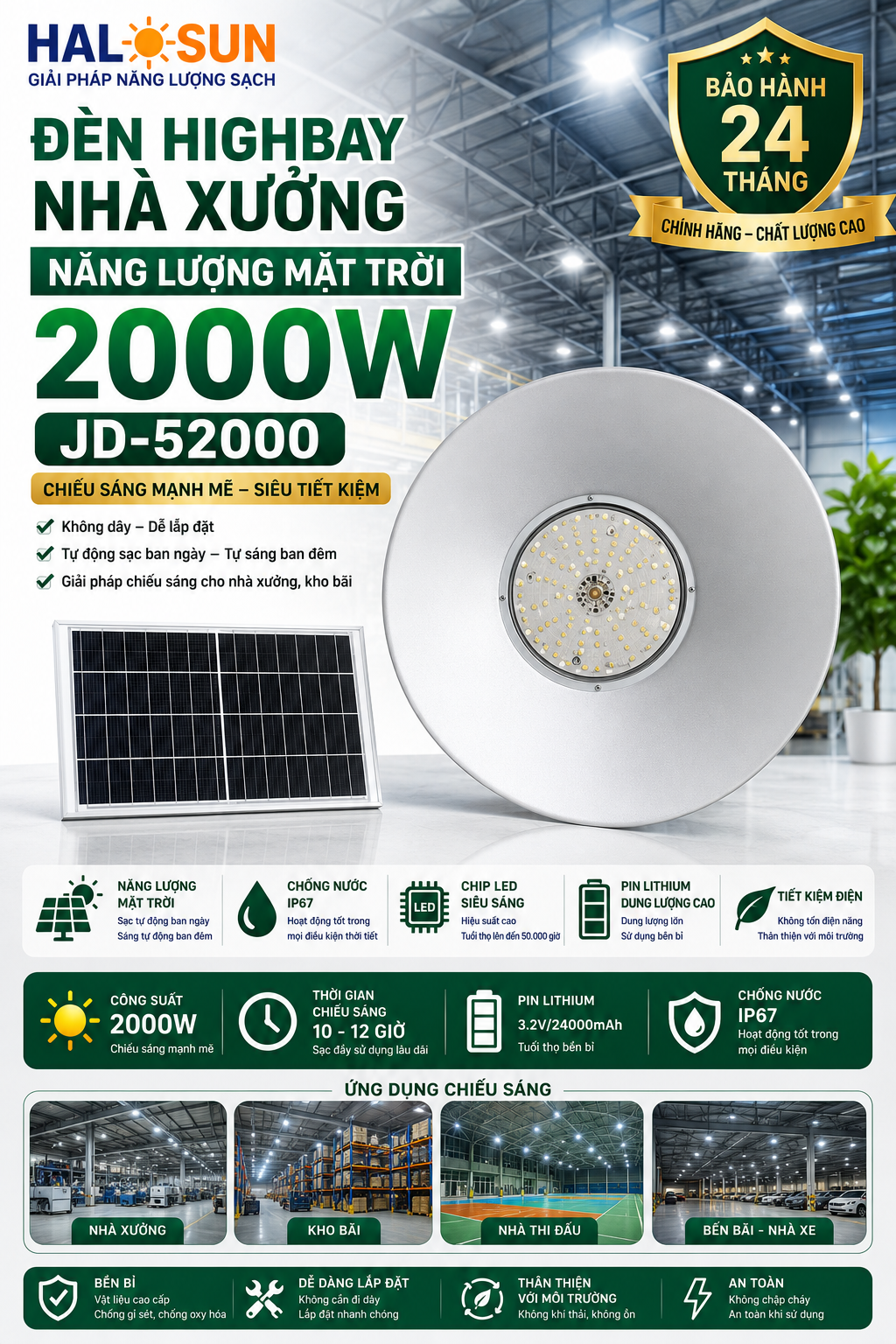 ĐÈN HIGHBAY NHÀ XƯỞNG NĂNG LƯỢNG MẶT TRỜI 2000W JD-52000