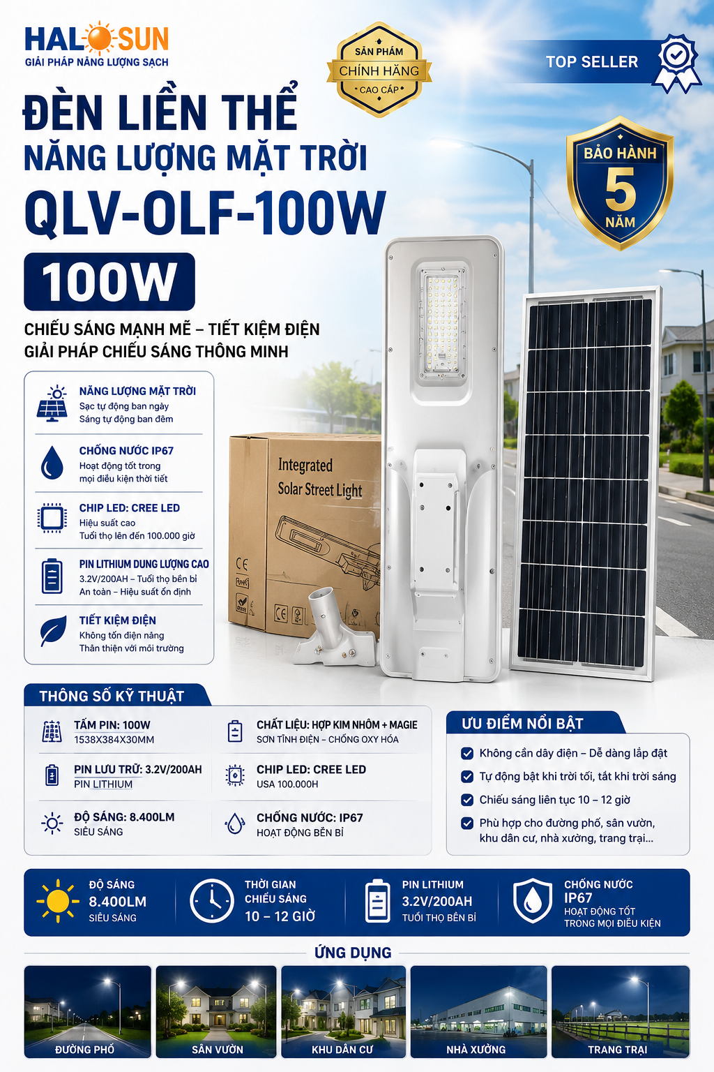 ĐÈN LIỀN THỂ NĂNG LƯỢNG MẶT TRỜI QLV-OLF-100W