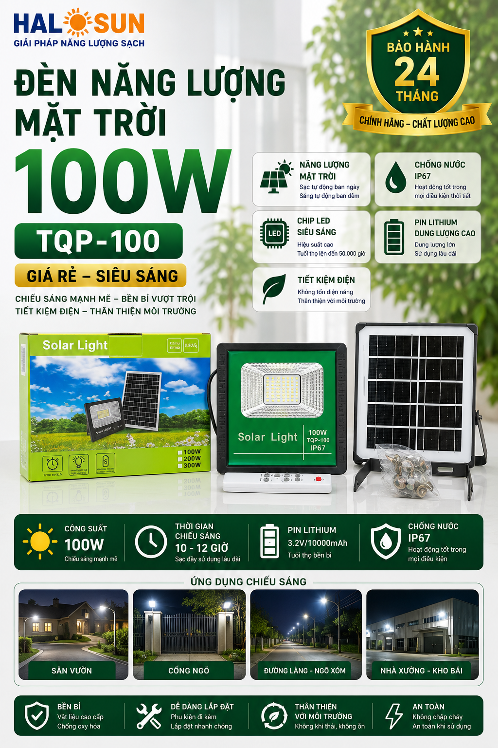 ĐÈN NĂNG LƯỢNG MẶT TRỜI 100W GIÁ RẺ TQP 100